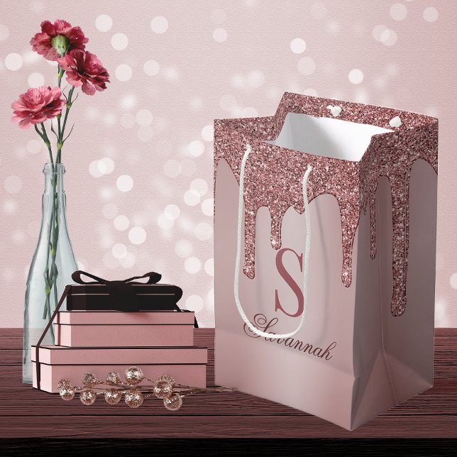Bolsa De Regalo Mediana Moda Rosa Oro Purpurina Rasgos Esparkle Monograma (Subido por el creador)