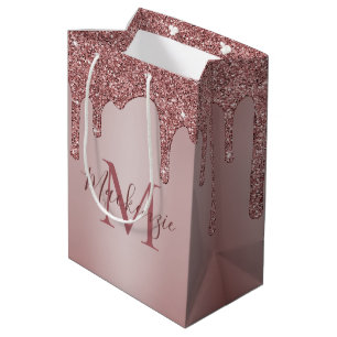 Bolsa De Regalo Mediana Moda Rosa Oro Purpurina Rasgos Esparkle Monograma