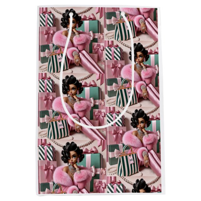 Bolsa De Regalo Mediana Moda Rosa Y Verde (Anverso)