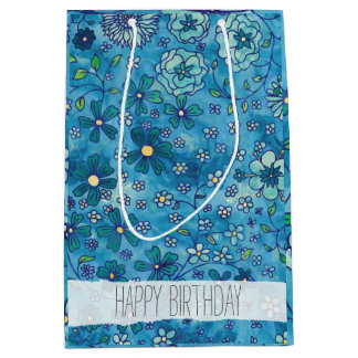 Bolsa De Regalo Mediana Modelo floral dibujado mano azul de la acuarela