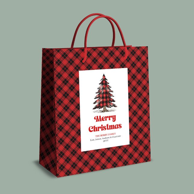 Bolsa De Regalo Mediana Modern buffalo gift bag custom name Christmas tree (Buffalo Christmas tree gift bag,
Red black plaid tartan Christmas,
Personalized watercolor Christmas)