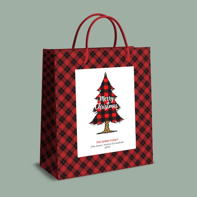 Bolsa De Regalo Mediana Modern buffalo plaid Christmas gift bag editable (Modern buffalo plaid Christmas gift bag editable)