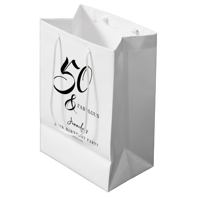 Bolsa De Regalo Mediana Modern Elegant Black White Fifty Fabulous Birthday (Angulo Anverso)