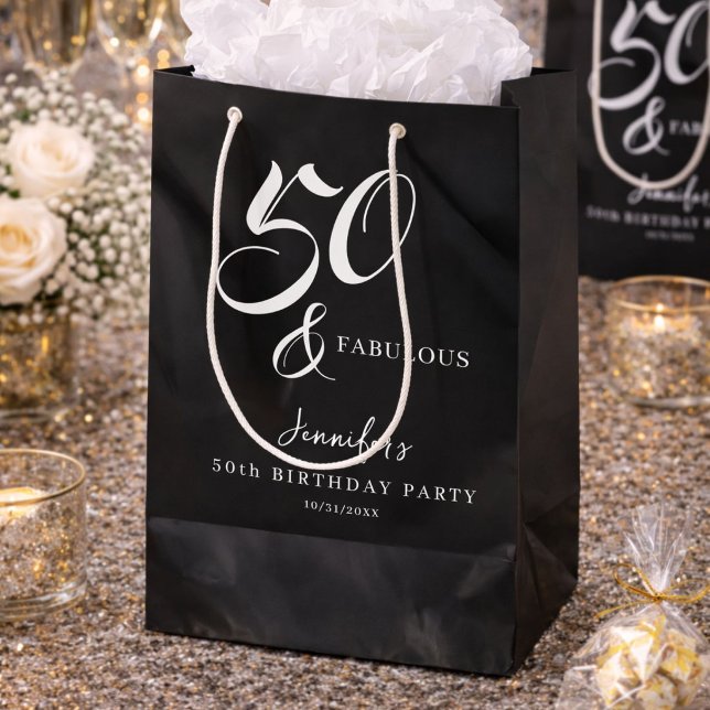 Bolsa De Regalo Mediana Modern Elegant Black White Fifty Fabulous Birthday (Subido por el creador)