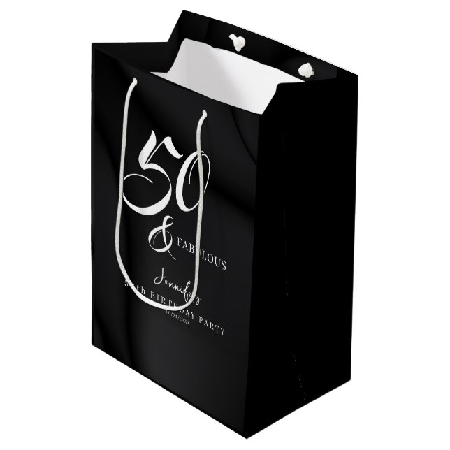 Bolsa De Regalo Mediana Modern Elegant Black White Fifty Fabulous Birthday (Angulo Anverso)