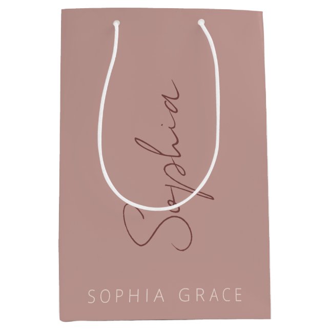 Bolsa De Regalo Mediana Modern Monogram Escritura a Mano Rosa Polvo  (Anverso)