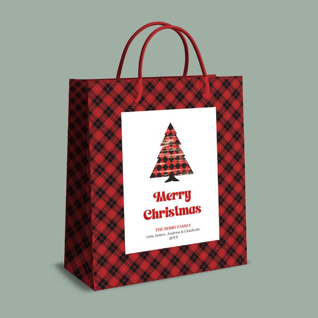 Bolsa De Regalo Mediana Modern red black plaid Christmas bag editable text (Modern red black plaid Christmas bag editable text)