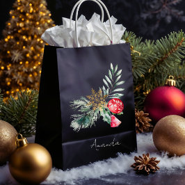 Bolsa De Regalo Mediana Moderna acuarela Foliage Nombre Feliz Navidad