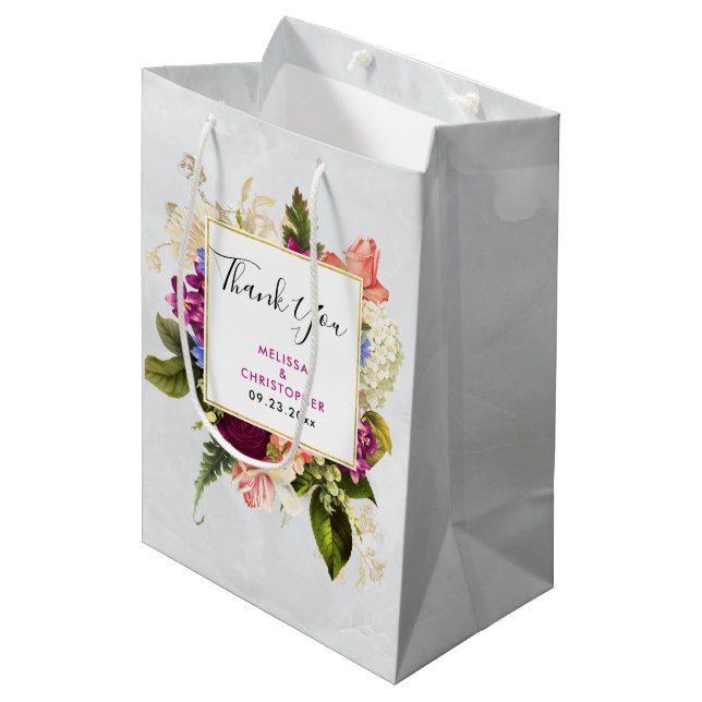 Bolsa De Regalo Mediana Moderno Boda de Bouquet Floral Rosa y Blanco (Angulo Anverso)
