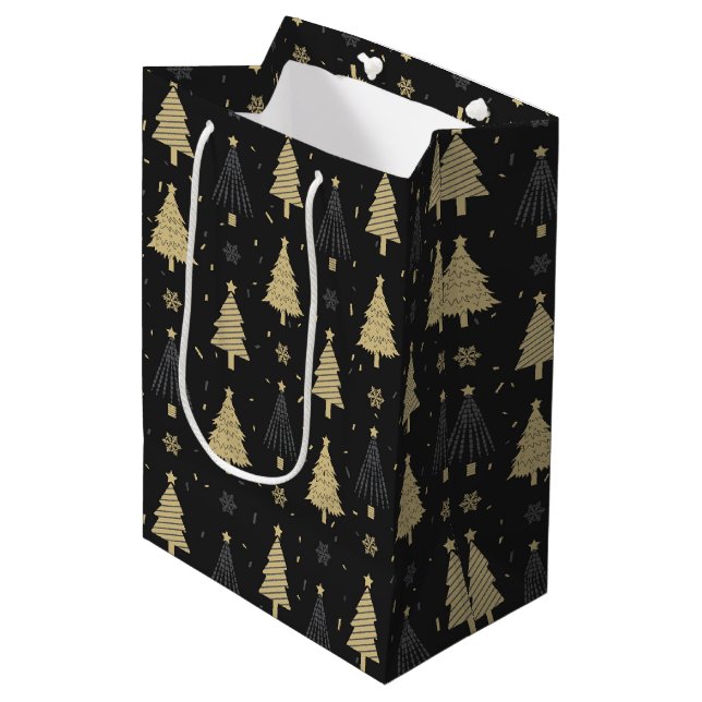 Bolsa De Regalo Mediana Moderno patrón de árbol de Navidad elegante negro  (Angulo Anverso)