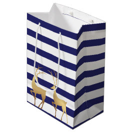 Bolsa De Regalo Mediana Moderno Royal Blue Stripes Gold Deer