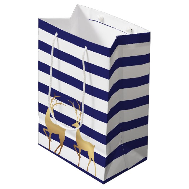Bolsa De Regalo Mediana Moderno Royal Blue Stripes Gold Deer (Angulo Anverso)