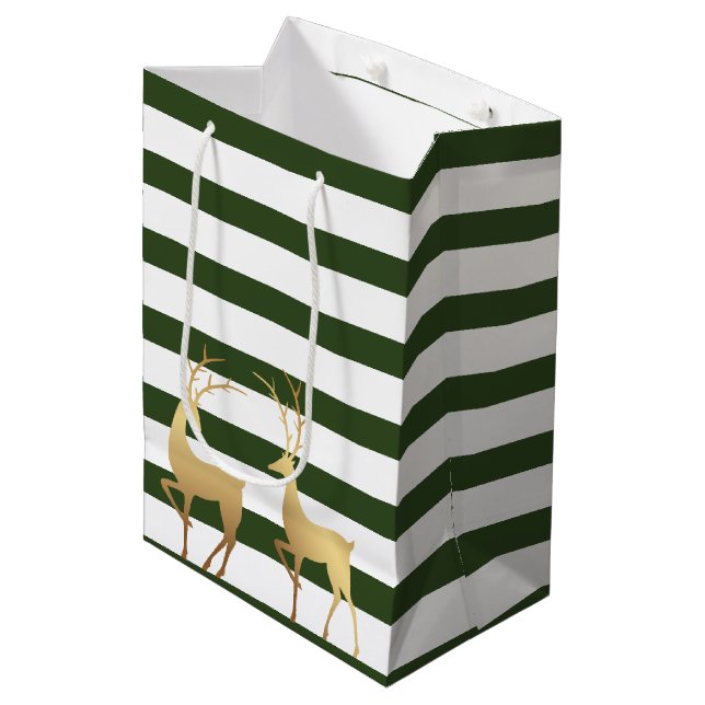 Bolsa De Regalo Mediana Moderno Spruce Green Stripes Gold Deer (Angulo Anverso)