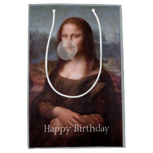 Bolsa De Regalo Mediana Mona Lisa soplando chicle Feliz cumpleaños