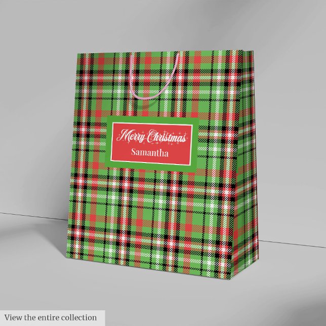 Bolsa De Regalo Mediana Monogram Christmas Gift Bag Red Green Plaid Design (Monogram Christmas Gift Bag Red Green Plaid Design)
