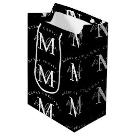 Bolsa De Regalo Mediana Monograma blanco negro Feliz Navidad personalizado