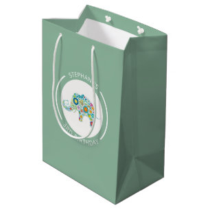 Bolsa De Regalo Mediana Monograma de elefante de flores de color liso