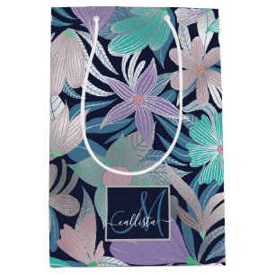 Bolsa De Regalo Mediana Monograma de hojas florales azul morado plateado