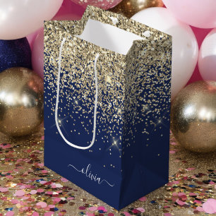 Bolsa De Regalo Mediana Monograma de nombre femenino con brillo azul marin