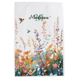 Bolsa De Regalo Mediana Monograma de nombre personalizado de flores silves