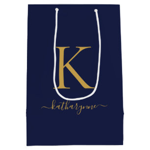 Bolsa De Regalo Mediana Monograma de oro azul de la Marina moderna
