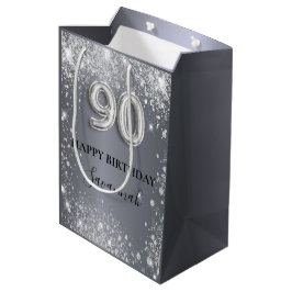 Bolsa De Regalo Mediana Monograma de polvo de purpurina de plata de 90 año