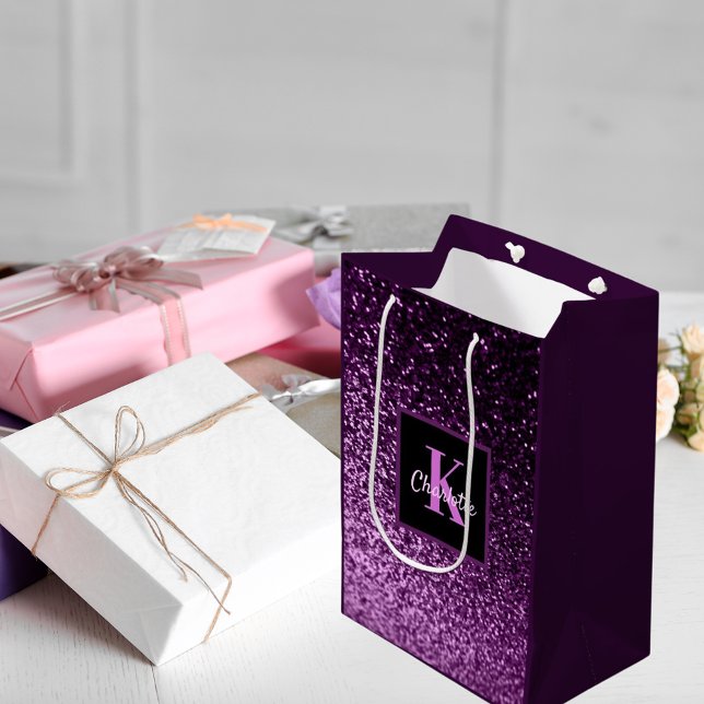 Bolsa De Regalo Mediana Monograma de purpurina púrpura rosa de cumpleaños (Subido por el creador)