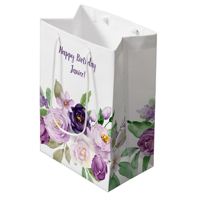 Bolsa De Regalo Mediana Monograma de Rosas morados medianos y de lavanda (Angulo Anverso)
