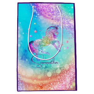 Bolsa De Regalo Mediana Monograma del arco iris del Purpurina rosa del uni