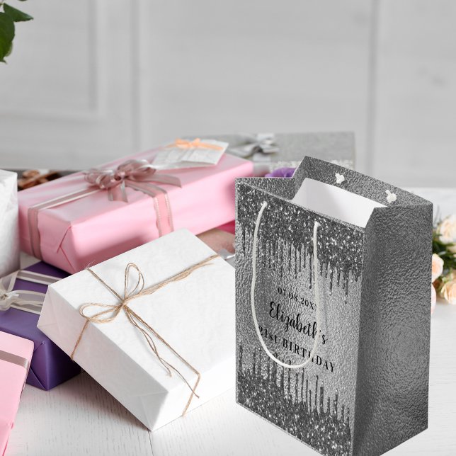 Bolsa De Regalo Mediana Monograma del purpurina de plata de cumpleaños (Subido por el creador)