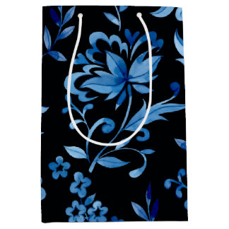 Bolsa De Regalo Mediana Monograma Elegante Patrón Floral Azul Vintage