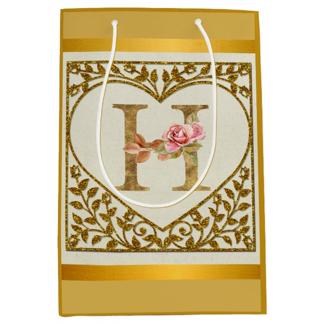 Bolsa De Regalo Mediana Monograma floral personalizado, de A a Z (Anverso)