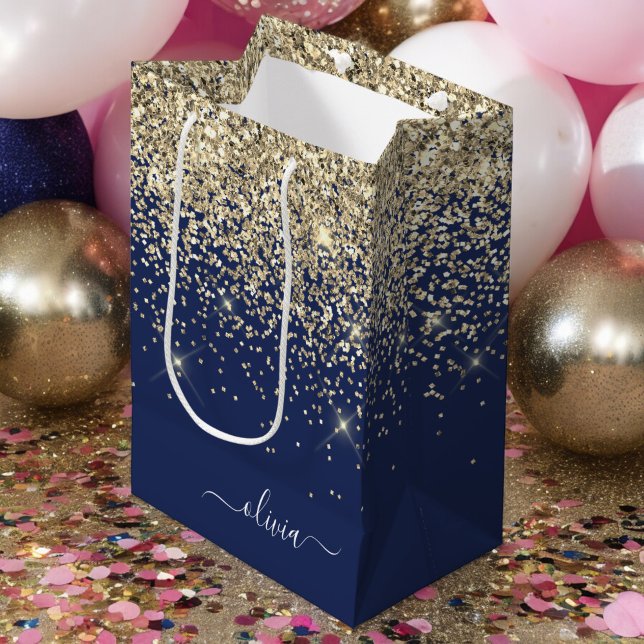 Bolsa De Regalo Mediana Monograma Glitter Azul Marino Dorado Nombre Femeni (Subido por el creador)