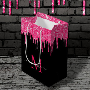 Bolsa De Regalo Mediana Monograma Metálico Purpurina de goteo rosado calie