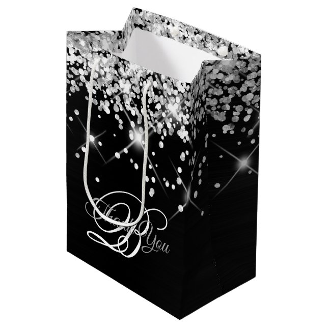 Bolsa De Regalo Mediana Monograma Plata y Negro Fancy Gracias (Angulo Anverso)