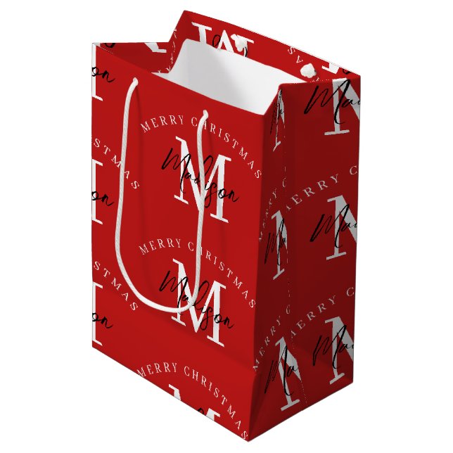 Bolsa De Regalo Mediana Monograma rojo navideño personalizado (Angulo Anverso)