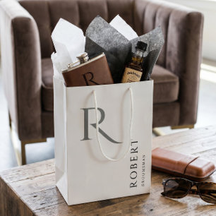 Bolsa De Regalo Mediana Monograma Simple Blanco y Negro Personalizado para