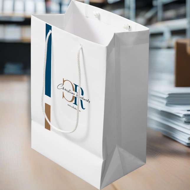 Bolsa De Regalo Mediana Monograma simple de oro azul moderno (Subido por el creador)
