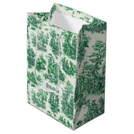 Bolsa De Regalo Mediana Monograma vintage de tela verde floral jouy