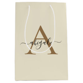 Bolsa De Regalo Mediana Monogramado Lino dorado blanco | Elegante mínimo