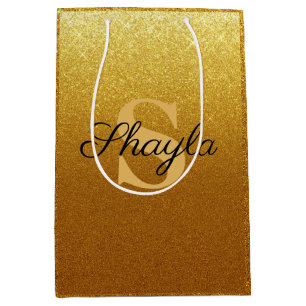 Bolsa De Regalo Mediana Monogramo de Sparkling Faux Gold Purpurina