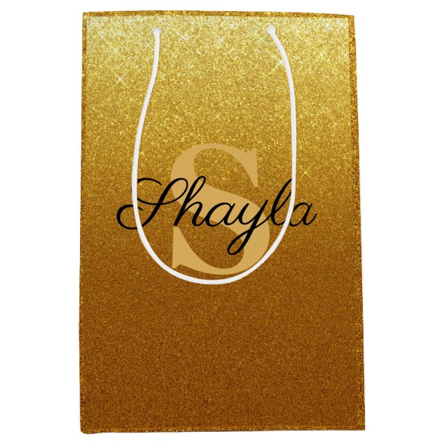 Bolsa De Regalo Mediana Monogramo de Sparkling Faux Gold Purpurina (Anverso)