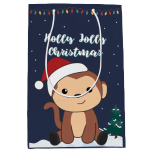 Bolsa De Regalo Mediana Monos Navidades Nieve Animales De Invierno Monos M