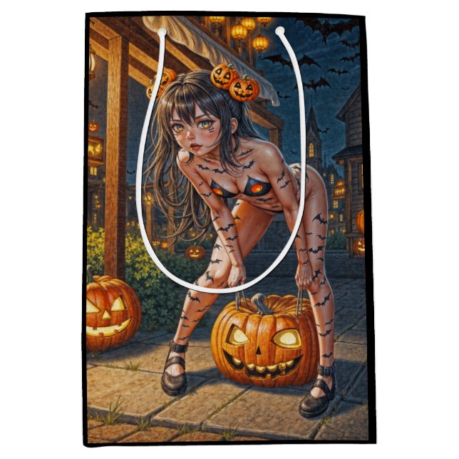 Bolsa De Regalo Mediana Monstruo de Halloween Jack-o-Lantern y Chica de Ba (Anverso)