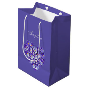 Bolsa De Regalo Mediana Morado personalizado de la flor vintage del corazó
