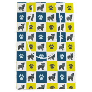 Bolsa De Regalo Mediana Morkie Dog & Paw Cuadrícula amarilla y azul