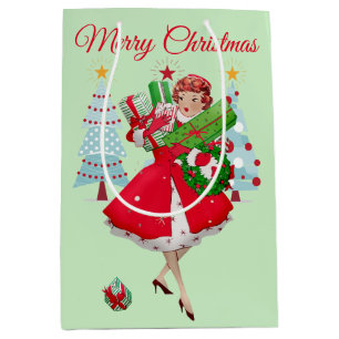 Bolsa De Regalo Mediana Mujer de Navidad vintage de 1950 llevando regalos