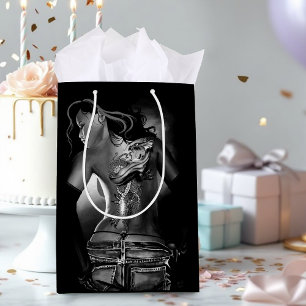 Bolsa De Regalo Mediana Mujer Dragón Tatuada Negra y Blanca con Estilo Edg