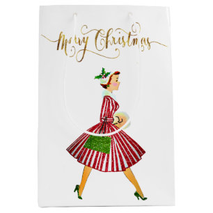 Bolsa De Regalo Mediana Mujer vintage de Navidad 1950 Feliz Navidad