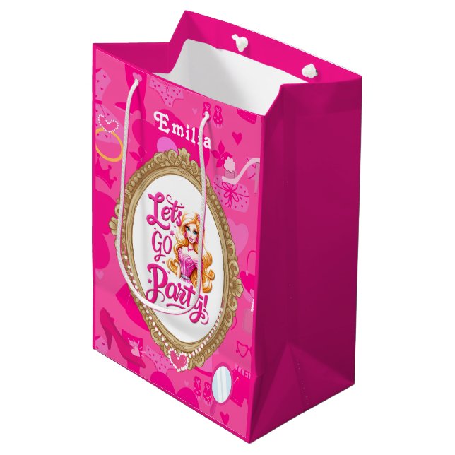 Bolsa De Regalo Mediana Muñeca Girly rosa Retro Vamos Fiesta Cumpleaños (Angulo Anverso)